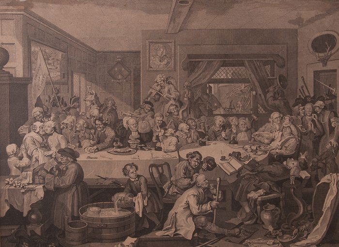 William Hogarth Print "An Election Entertainment": Bottom left reads "Designed by W. Hogarth"; titled in bottom middle "An Election Entertainment"; bottom right reads "Engraved by T. Cook"; measures approximately 18-1/2" x 23-1/4" with black frame and