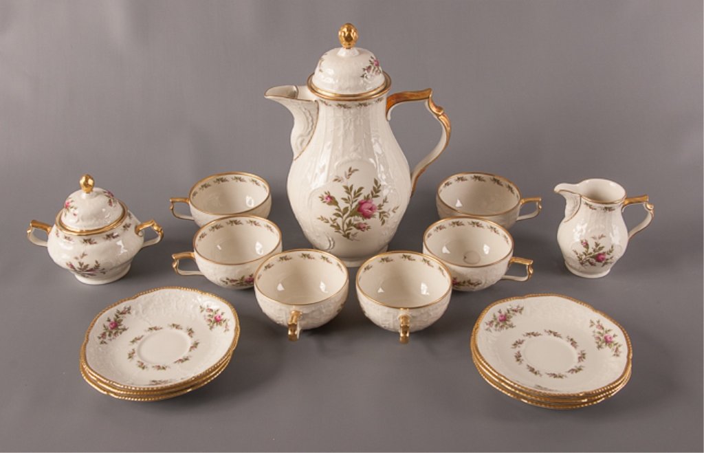 Rosenthal "Antoinette" Pattern Tea Set: Fifteen pieces of Rosenthal rose pattern china; includes six teacups, six saucers, a coffee pot that measures approximately 10-1/2" tall, a sugar jar, and a creamer; condition of all is Very Good.