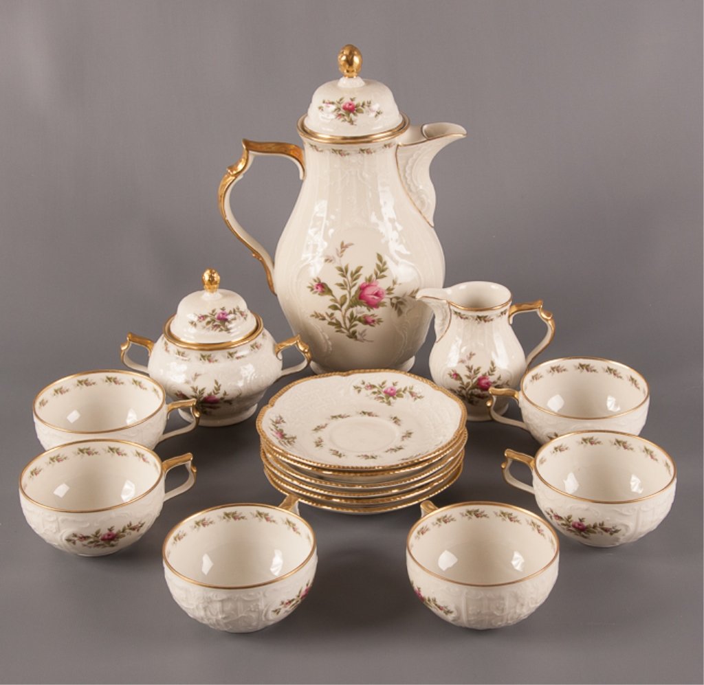 Rosenthal "Antoinette" Pattern Tea Set: Fifteen pieces of Rosenthal rose pattern china; includes six teacups, six saucers, a coffee pot that measures approximately 10-1/2" tall, a sugar jar, and a creamer; condition of all is Very Good.