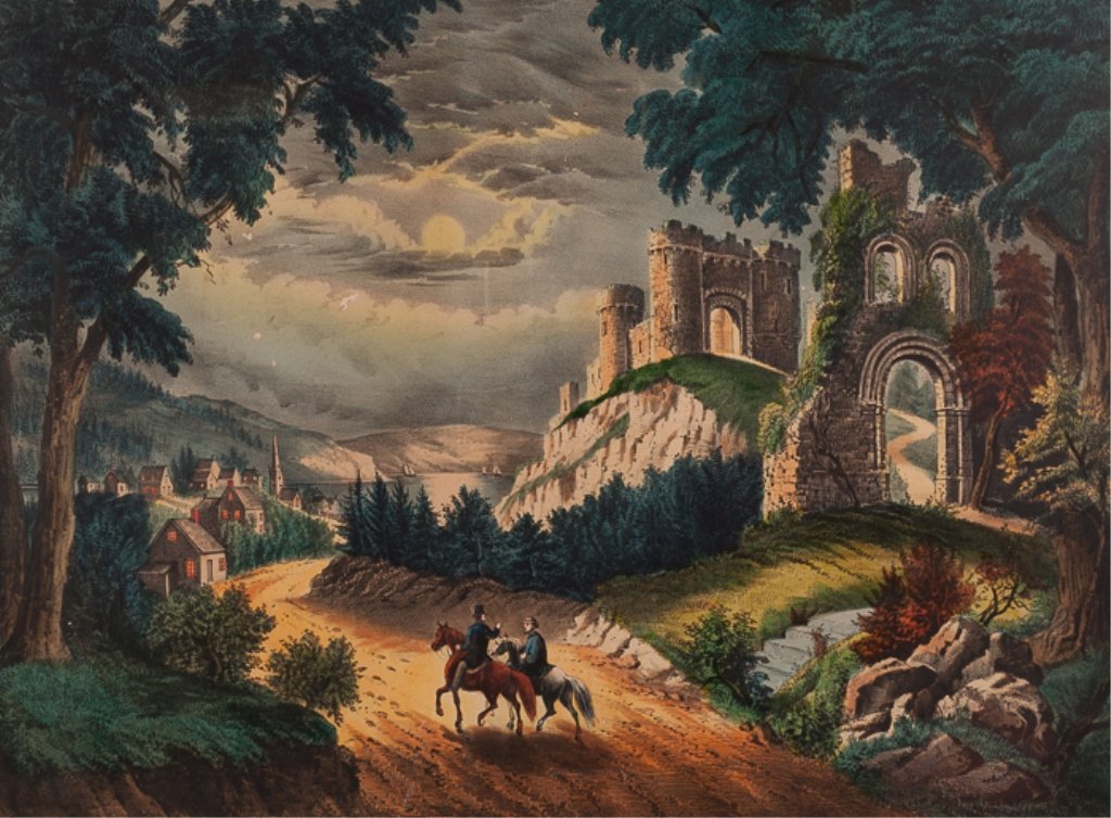 Currier & Ives Litho "The Old Norman Castle": Reads "F.F. Palmer Del." in bottom left corner and "Currier & Ives, N.Y." in bottom right; titled in bottom middle; marked underneath title "New York Published by Currier & Ives152 Nassau St."; measur