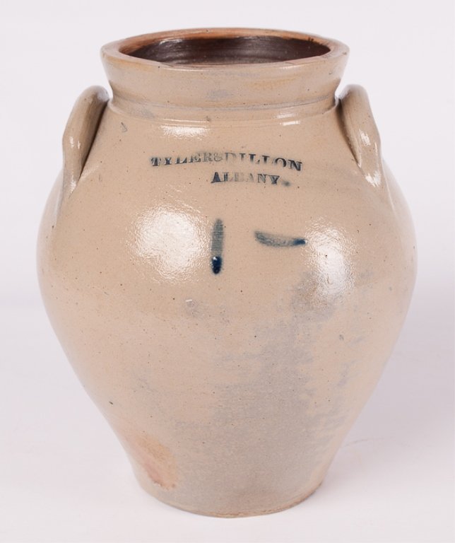 Tyler & Dillon Urn Shaped Pot: Glazed urn stamped "Tyler & Dillon Albany" on side; measures approximately 10-1/2" tall and 5-1/4" in diameter at opening.
