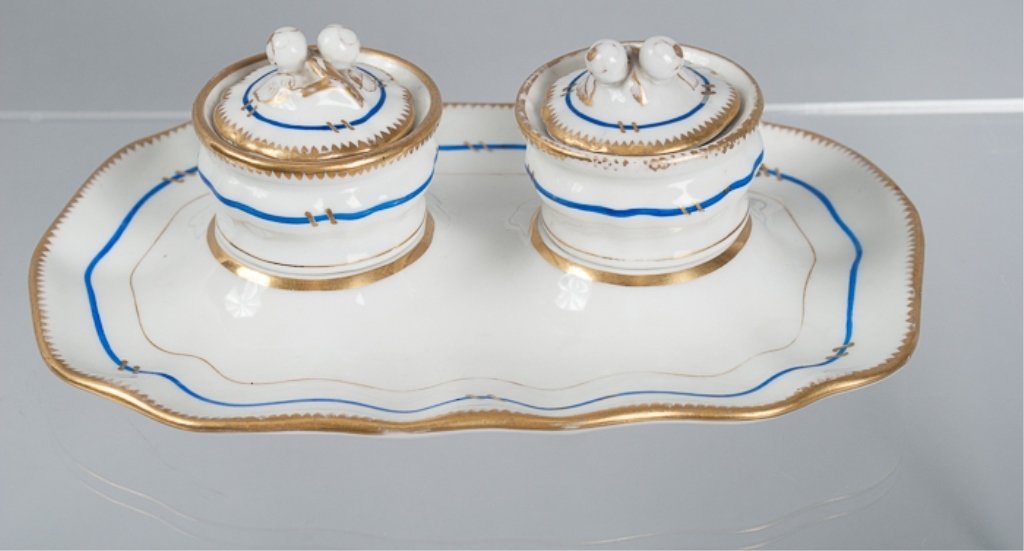 KPM, Germany, Porcelain Inkstand "Standish" Set: Lovely porcelain tray approximately 9" in length and 6" in width, marked clearly to the bottom "KPM" with the KPM scepter, and fitted for the accompanying elevated porcelain jars. One jar is a lidded