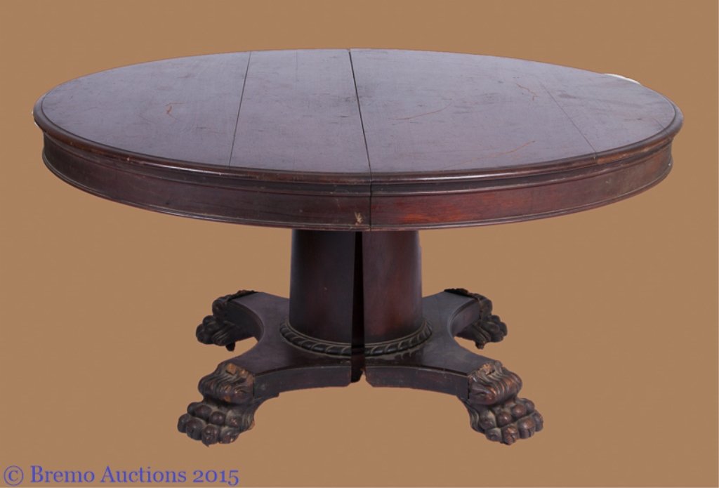 Walnut Pedestal Dining Table w/ Six (6) Leaves: Walnut Pedestal Dining Table w/ Six (6) Leaves Walnut pedestal dining table with six (10" deep) leaves in original leaf box; features heavily carved large claw feet and carved rope accent to bottom ed