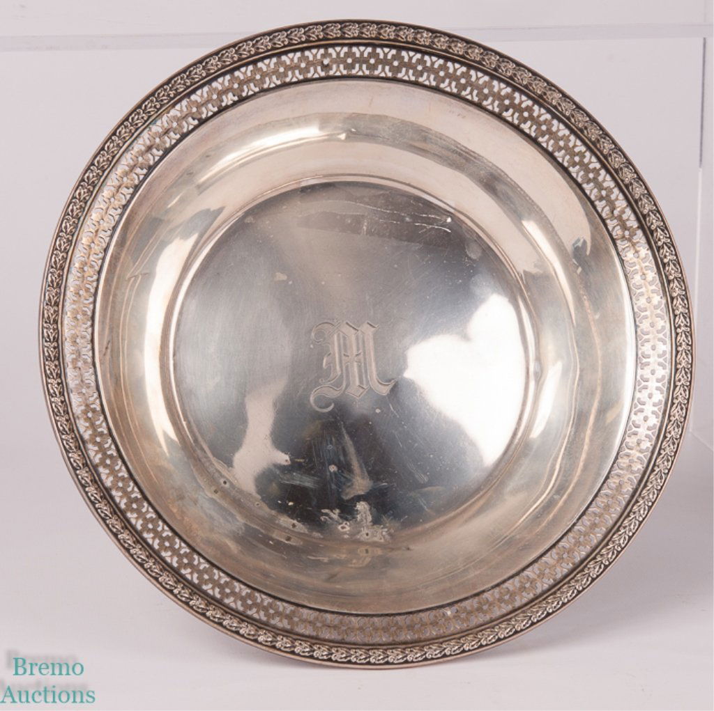 Watson Sterling Silver Footed Bowl: Watson Sterling Silver Footed Bowl Monogrammed "M" in the middle of the bowl with a decorative pierced border; marked to bottom with the Crown, W, and Lion, Watson markings as well as "Sterling A 210