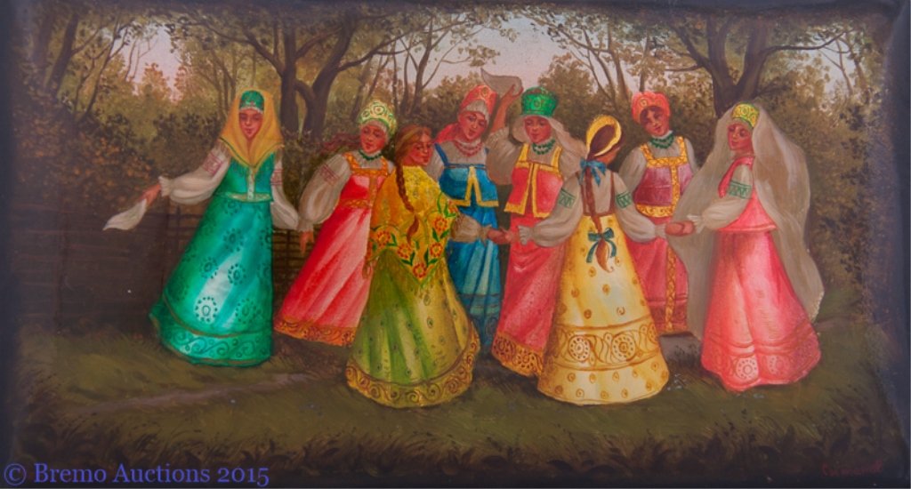 Fedoskino Russian Lacquer Box: Fedoskino Russian Lacquer Box Depicting young maidens in folk dresses, apparently dancing, one maiden appears to be a bride; signed by artist "Simonov" in lower right corner and dated in lower left "9