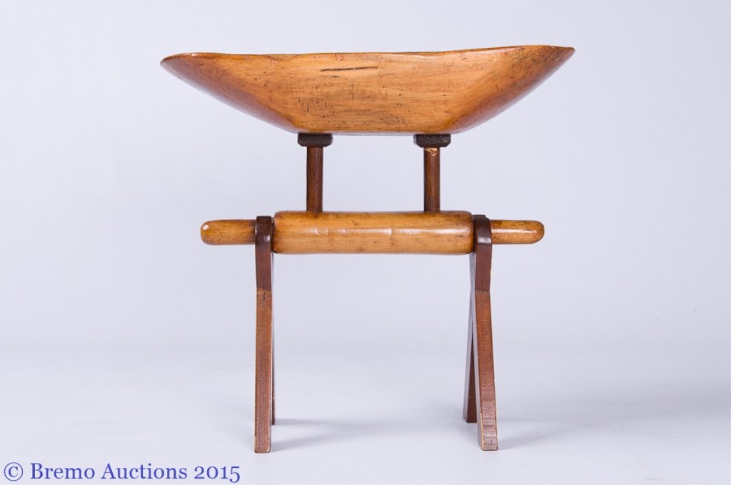 Unique Dough Bowl Stand w/ Rolling Pin Support: Unique Dough Bowl Stand w/ Rolling Pin Support Artfully crafted dough bowl stand with rolling pin support and constructed with varying types of wood; measures approximately 19-3/4" tall, 21" wide at t