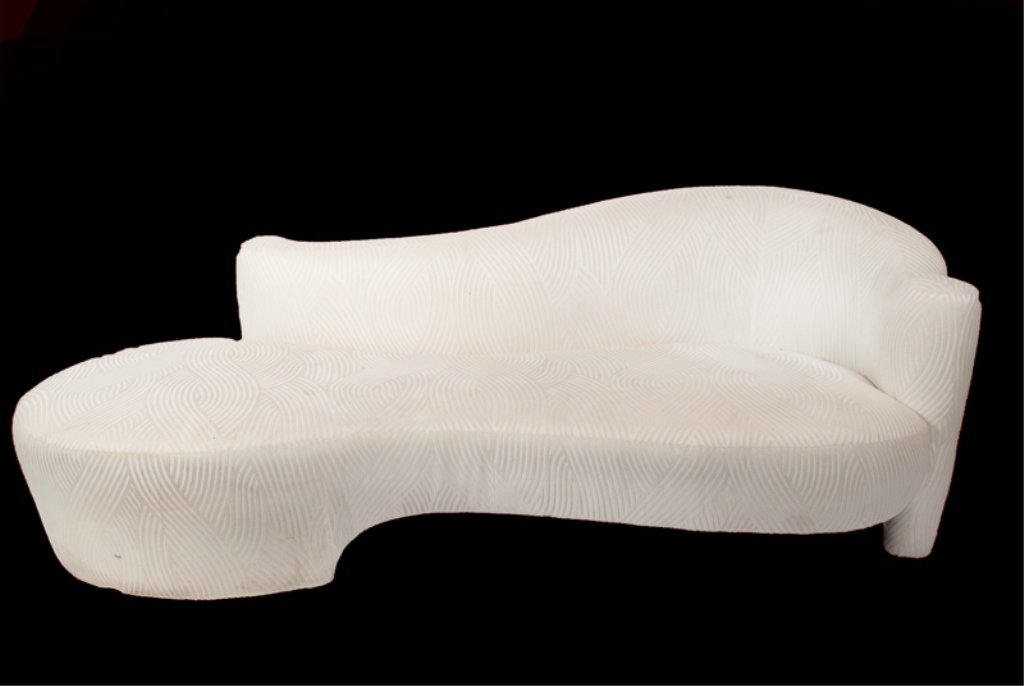 Vladimir Kagan for Weiman Serpentine Sofa: Cream colored Kagan for Weiman sofa with label; pinstripe white on cream pattern; measures approximately 33" tall to top of back, 17" tall to top of seat, 30" deep at deepest point, and 95" long; appa