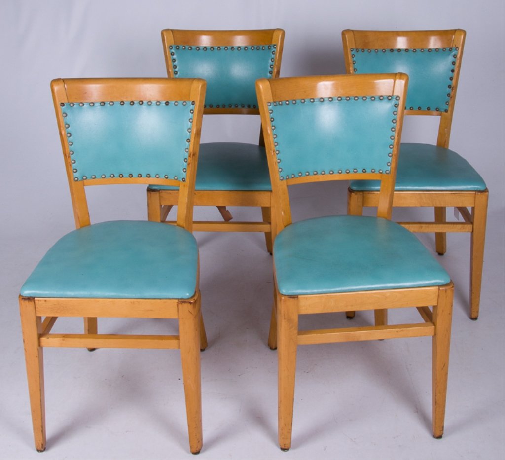 Thonet Mid-Century Dining Room Chairs, Four (4): Set of four mid-century Thonet dining room chairs; features teal leather upholstered seat and back with nail head trim to back; wood frame; marked to bottom "Thonet One Park Ave New York"; each chair