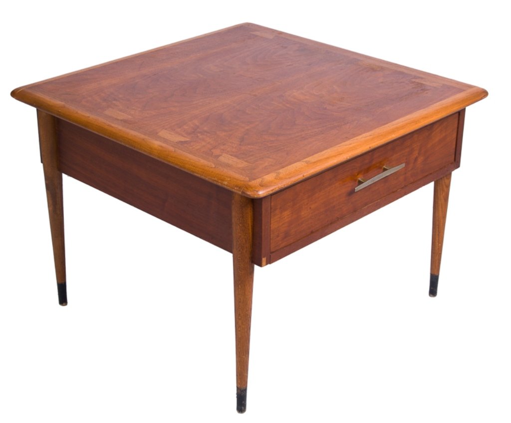 Lane Acclaim Mid-Century Side Table: Mid-century Lane Acclaim side table features top drawer and dovetail ornamentation to the table top; measures approximately 20" tall, 28" wide, and 28" deep.