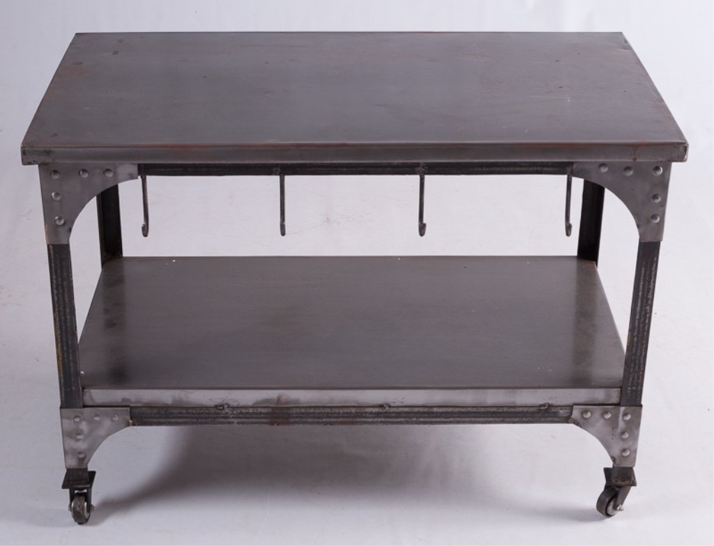 Steel Industrial Cart: Steel industrial rolling cart with four side hooks and two tiers; on castors; features decorative corner pieces with nail head accents; measures approximately 25-1/4" tall to top, 36" wide, and 20-1/2