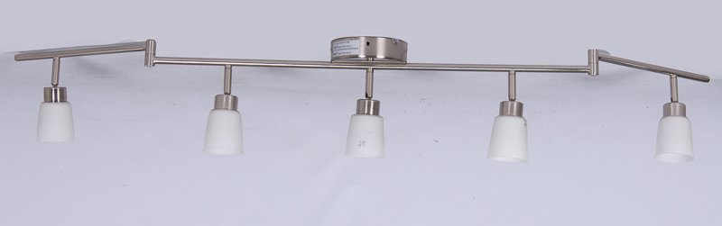 Modern Chrome Light Fixture w/ White Shades: Modern chrome light fixture with white frosted glass shades; features five lights and adjustable sides; measures approximately 52-1/4" long; appears to be in working condition.
