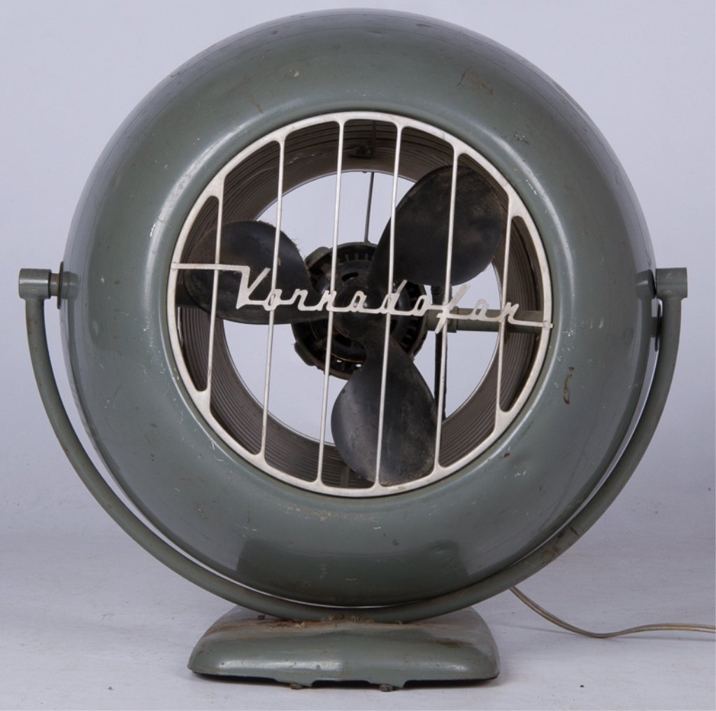 Vintage Vornado Table Fan: Mid-century grey Vornado table fan; marked "Vornado" to front; measures approximately 21" tall and 18" in diameter; appears to be in working condition.