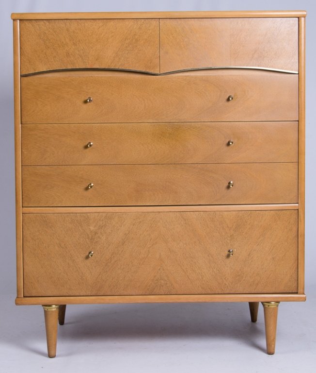 Kent Coffey "The Deboniare" Chest of Drawers: Kent Coffey "The Debonaire" mid-century blonde mahogany chest of drawers with pecan secondaries; features four drawers with brass pulls; measures approximately 45-1/4" tall, 38" wide, and 19" deep.