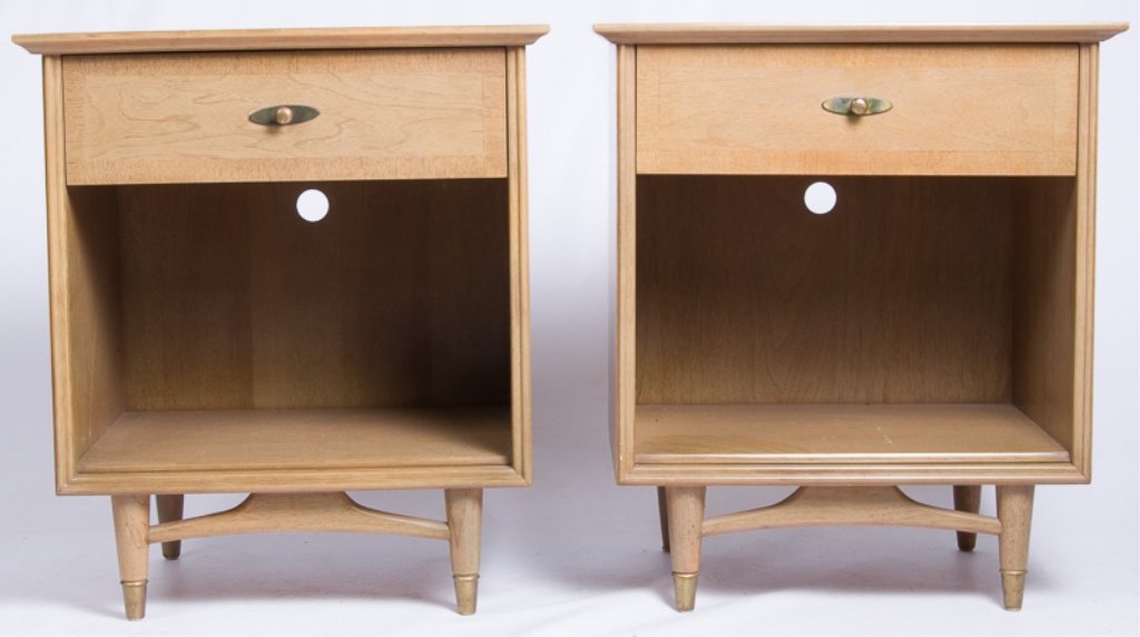 Kroehler Mid-Century Nightstand Pair: Kroehler mid-century pair of nightstands; each features a cubby and drawer with brass pulls and feet accents; marked to inside left of drawer "Kroehler World's Largest Furniture Manufacturer Permanize