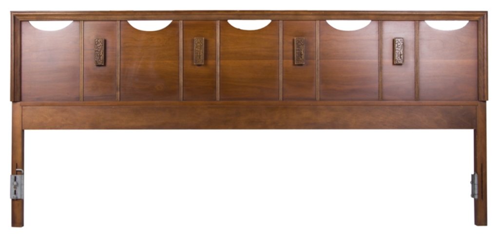 Bassett Furniture Brutalist King Headboard: Bassett Furniture king headboard with four Brutalist accent blocks along the panel; Mayan walnut; measures approximately 36-1/2" tall and 79-3/4" wide.