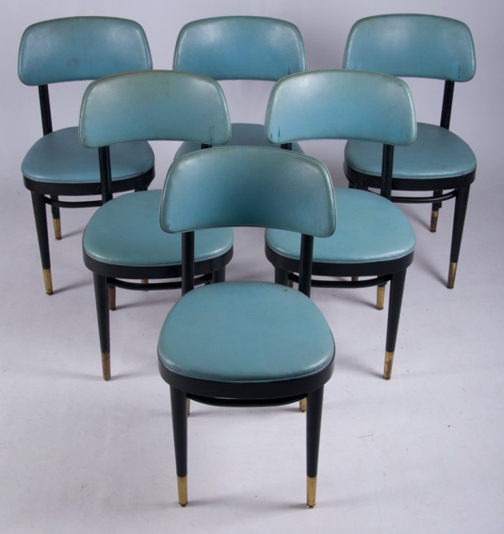 Thonet Mid-Century Blue Vinyl Chairs, Six (6): Six Thonet mid-century sky blue vinyl chairs with black wood frame and brass tips to feet; Thonet label to bottom; measures approximately 32-1/2" tall to top of back, 18" tall to top of seat, 17" wide
