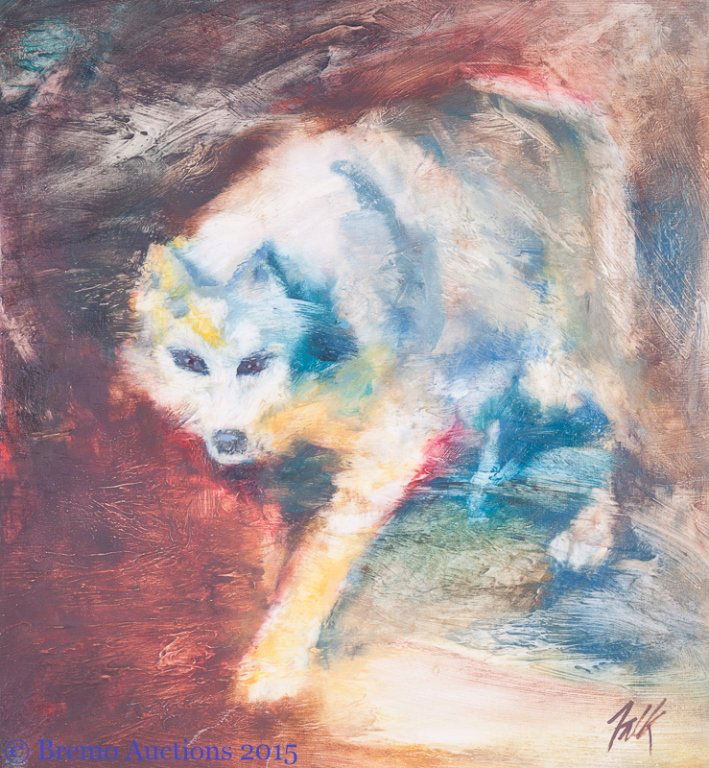 Agathe "Gathie" Falk Oil on Canvas Painting: Agathe "Gathie" Falk oil on canvas depicting an Arctic wolf; signed to lower right "Falk"; unframed; measures approximately 24" x 22".Agathe "Gathie" Falk (b. 1928) is a Canadian painter, sculptor and