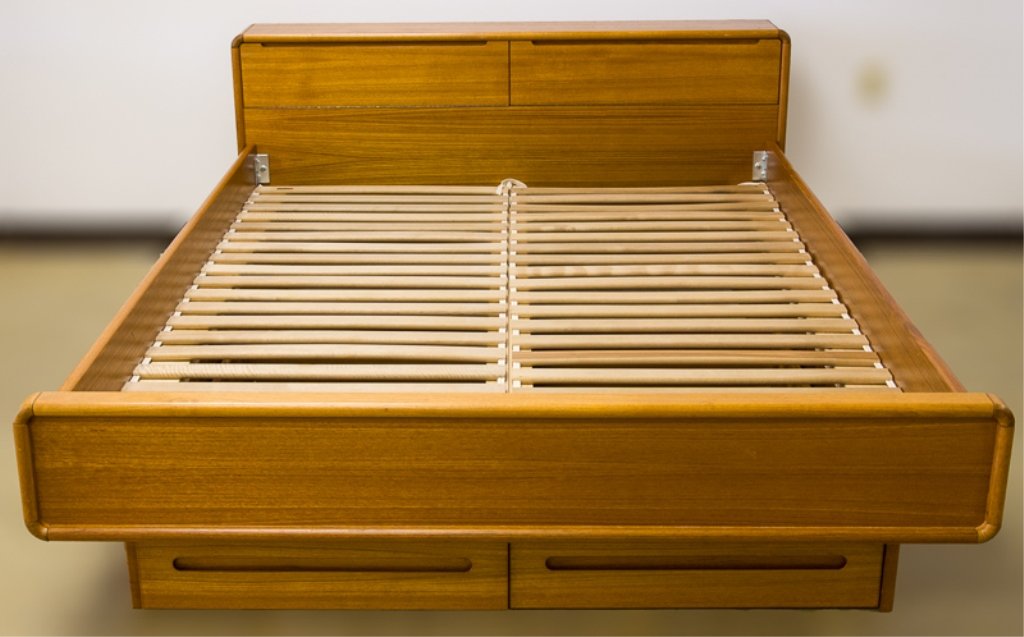 Sun Cabinet Co. Teak Mid-Century Full Bed: Sun Cabinet Co. full bed; teak; mid-century; features two drawers to foot of bed and two fold down cabinets to headboard; roped-slat mattress support; labeled to top slat; measures approximately 29-3/
