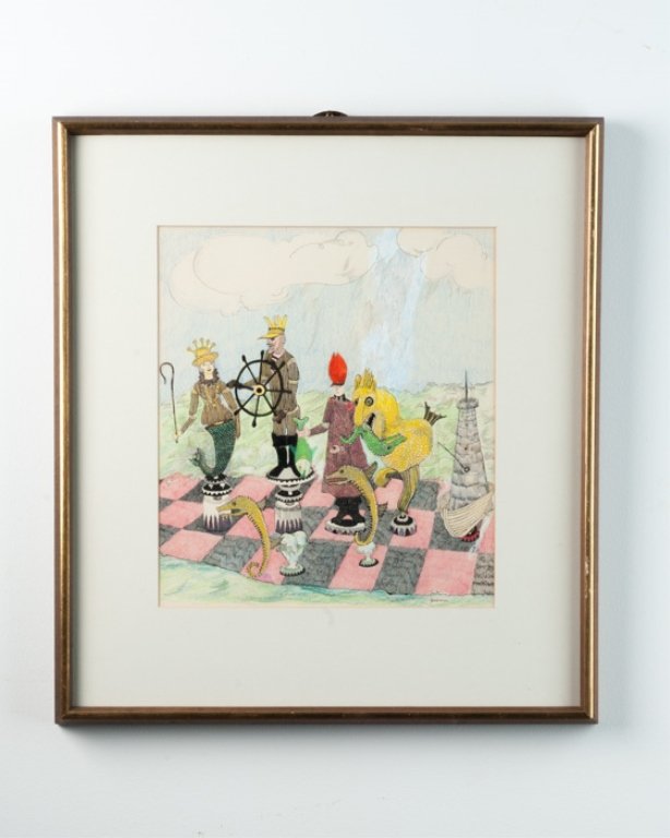 Betram Goodman, "Marine Chess": Bertram Goodman mixed media on paper; depicts a live action chess match with various whimsical figures; measures approximately 21-1/2" x 19" with gilded frame and has a sight image of approximately 13