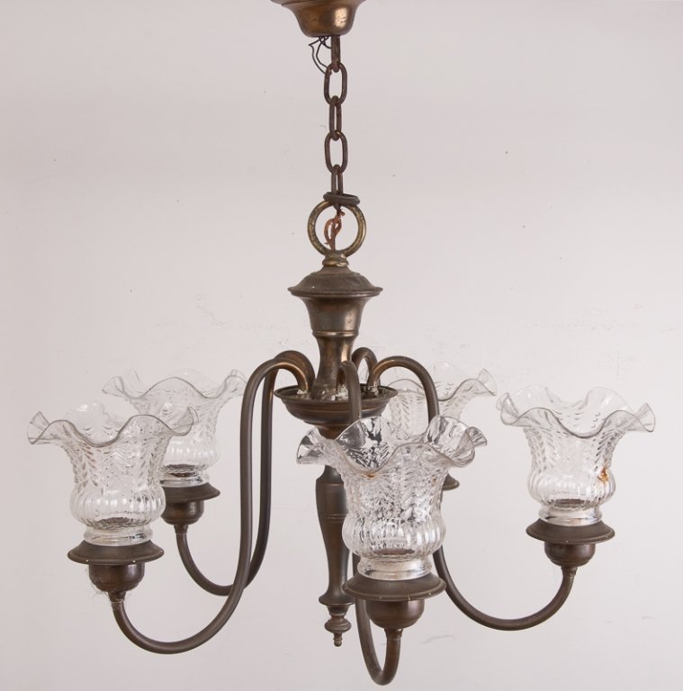 Brass Five Light Chandelier w/ Glass Shades (1 of 5)