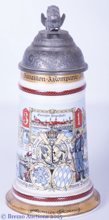 Regimental German Beer Stein w/ Train Finial
