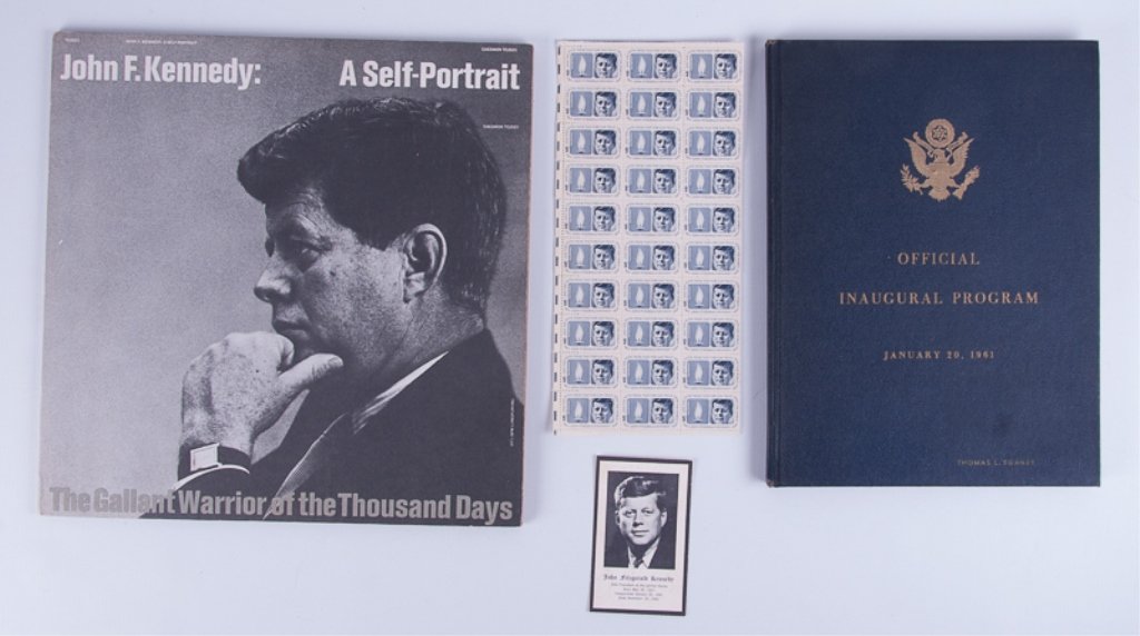 John F. Kennedy Memorabilia: Collection of John F. Kennedy memorabilia including a JFK prayer card, a sheet of fifty JFK stamps marked "...And The Glow From That Fire Can Truly Light The World 1917 John Fitzgerald Kennedy 1963", 