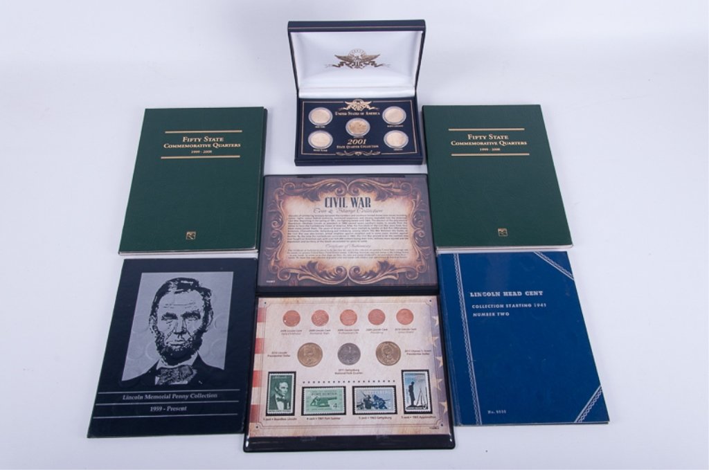 Civil War & Commemorative Coin Collection: Includes a 2001 state quarter collection with five 24kt gold plated quarters from New York, Rhode Island, North Carolina, Vermont, and Kentucky; a Civil War commemorative coin and stamp collection wit
