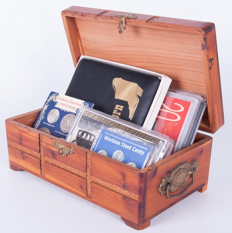 U.S. Coin Collection & Carved Wooden Box: Includes a Western Coins replica album with twelve western reproduction coins and slips describing each one, an "American Frontier Nickel Set" with six Indian Head Nickels, a "Westward Journey Commemo