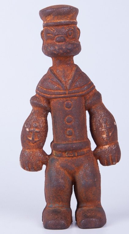 Iron Cast "Popeye The Sailor" Bank Statue: Iron cast "Popeye the Sailor" piggy bank; unpainted or paint has been worn off; measures approximately 9" tall; in Good condition but quite rusty.