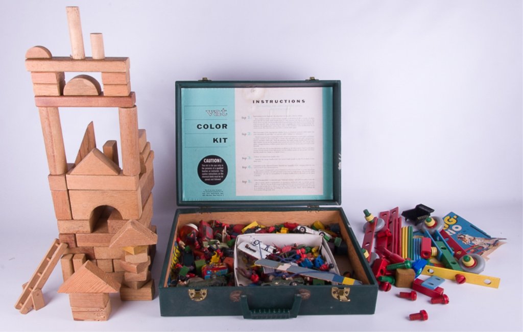 Vintage Building Toys & Cars: Includes a Bygg. Brio wood construction set, a box of wooden building blocks, and a case filled with vintage toy cars, action figures, and building blocks; all in Good condition.