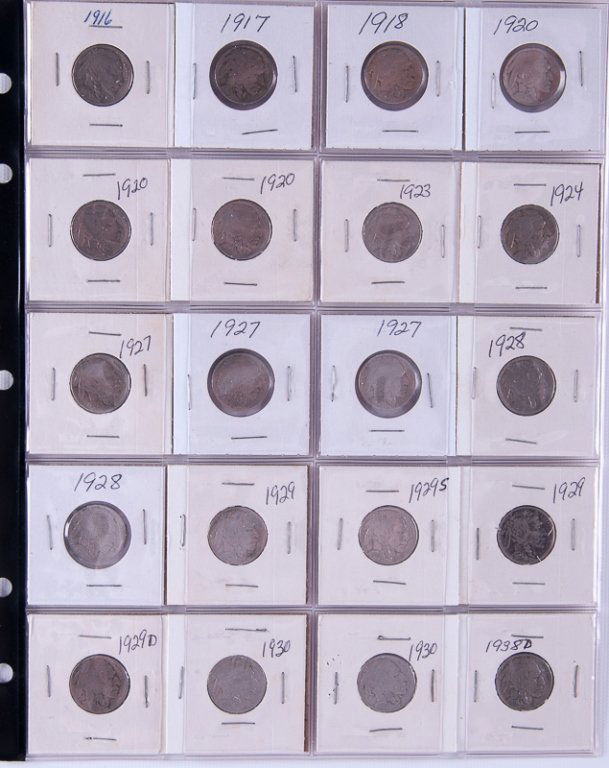 Buffalo Indian Head Nickel Collection: Approximately Twenty (20) Buffalo Indian Head Nickels. Collection Appearing to Include; 1916, 1917, 1918, Three (3) 1920, 1923, 1924, Three (3) 1927, Two (2) 1928, Two (2) 1929, 1929-D, 1929-S, Two (2