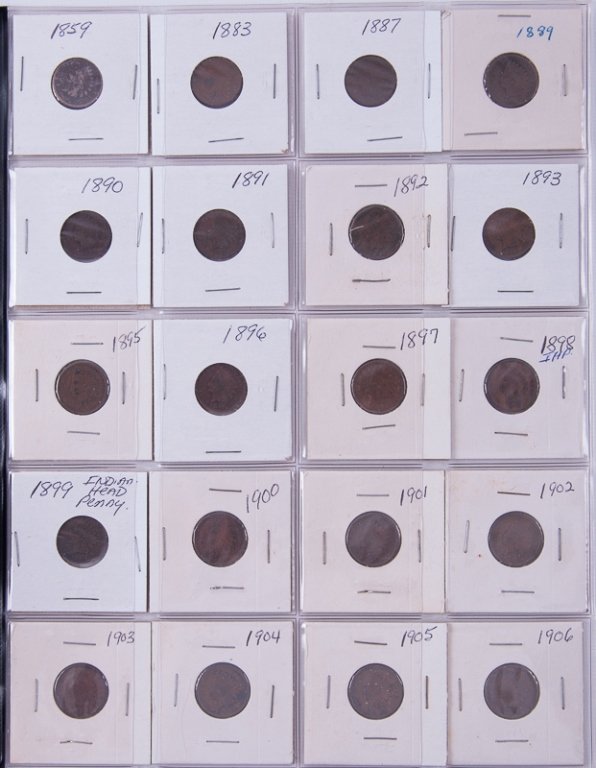 Indian Head Penny Assortment: The Collection of Approximately Twenty (20) Indian Head Pennies Appearing to Include Coins From the Year; 1859, 1883, 1887, 1889, 1890, 1891, 1892, 1893, 1895, 1896, 1897, 1898, 1899, 1900, 1901, 1902