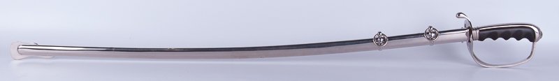 U.S. Army Officer Dress Saber in Sheath C. 1950: Spartan model, made by N.S. Meyer, Inc. Having approximate length of 37-1/2" with 5" guard width. Sword blade marked "N.S. Meyer, Inc. New York" and with the six-pointed "proved" star. Blade is also h