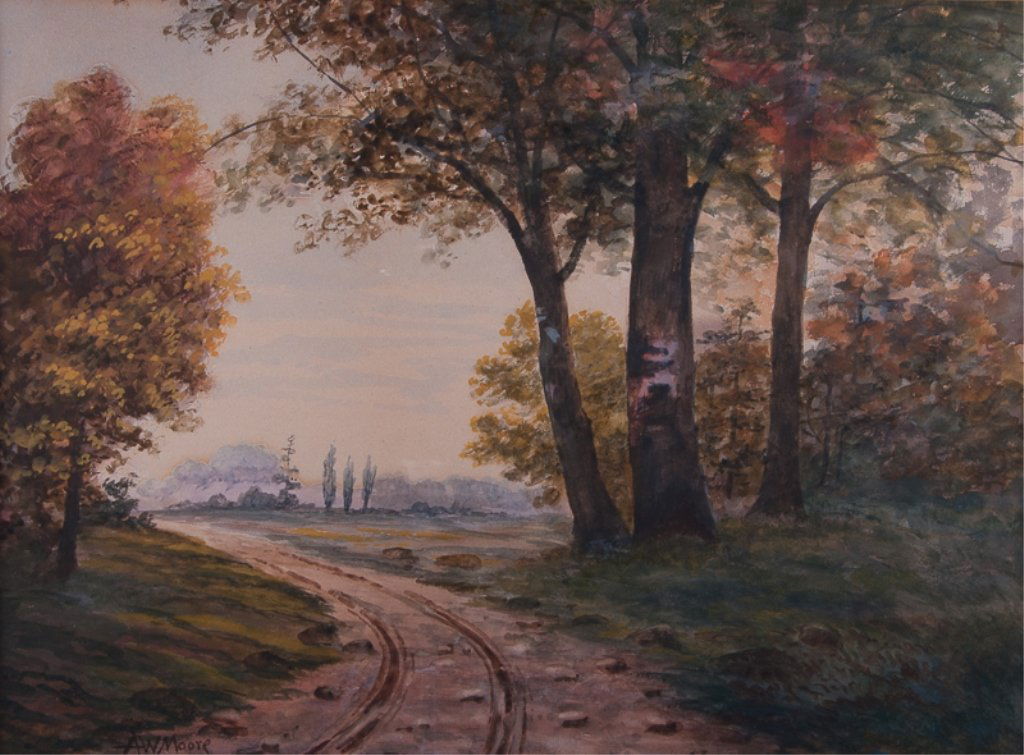 Arthur William Moore Watercolor: Arthur William Moore (British/American 1840-1913) watercolor on paper landscape; signed "A.W. Moore" to bottom left corner; measures approximately 21-3/4" x 26-1/2" with gilded frame and has a sight i