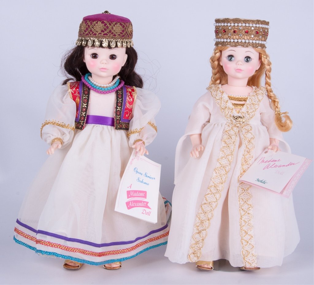 Madame Alexander 14" Opera Series Pair: Two (2) vintage Madame Alexander dolls from the Opera Series, complete with original boxes and tags. Includes "Salome 1412" and "Isolde 1413", both in overall Good condition, apparently never used, &