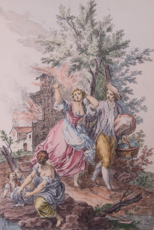 G. Zocchi Hand-Colored Engraving: Giuseppe Zocchi hand-colored engraving; titled to back "Never Lose Hope", marked to top front "imprimÃ© par l'Editrice P.V.", marked to bottom left "G. Zocchi inven.", marked to bottom right "F. Bar