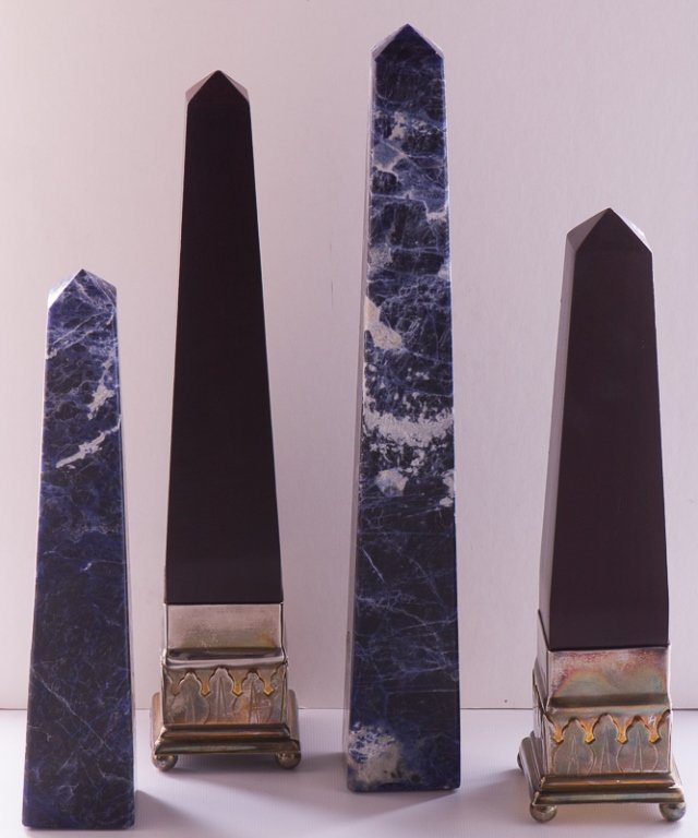 Decorative Sodalite & Wooden Obelisks, Two Pairs: Includes a pair of sodalite obelisks, both stickered to the bottom with an "SP Collections" label; smaller one measures approximately 10-1/4" tall and larger one measures approximately 14" tall; both