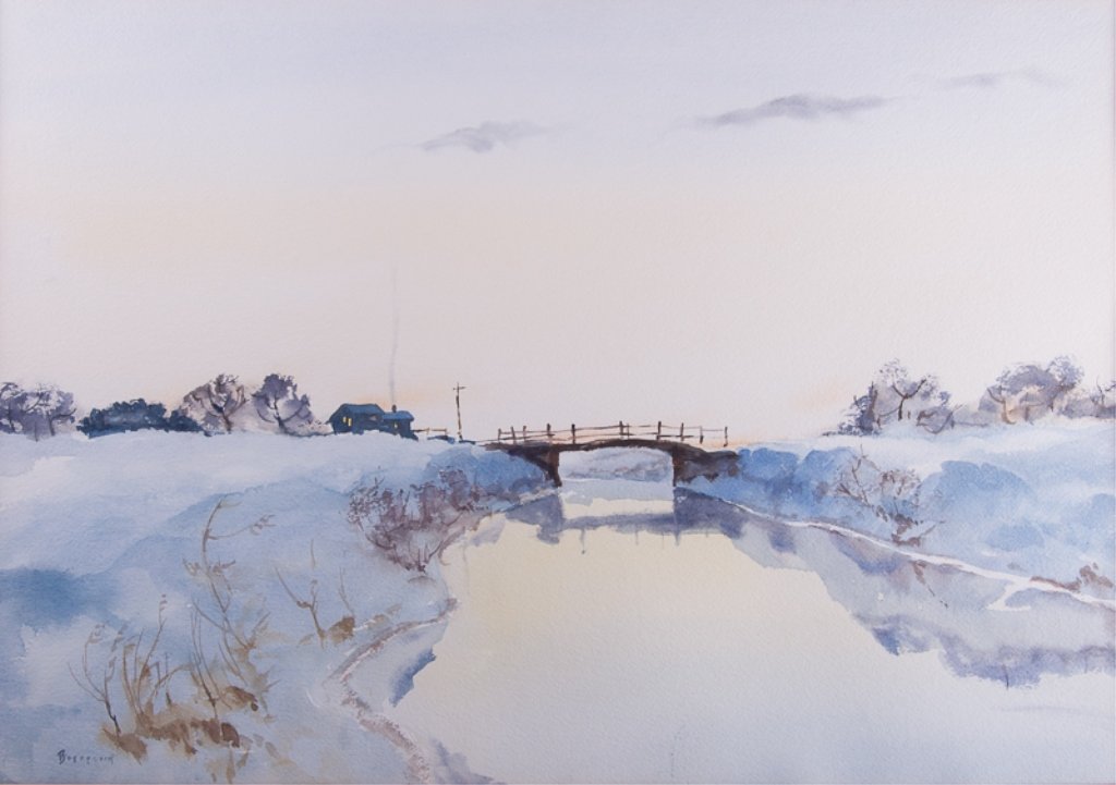 Landscape w/ Bridge Watercolor, Signed (1 of 6)