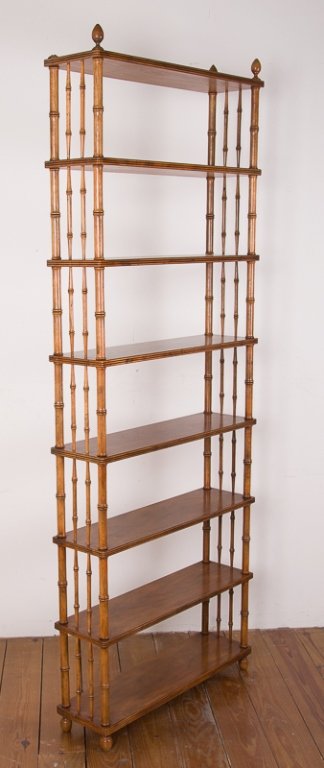 John Widdicomb Bamboo Style Walnut Bookshelf: John Widdicomb bamboo style bookshelf; walnut; features eight shelves and acorn finials (one is broken); measures approximately 82" tall to top of finial, 30" wide, and 8-1/2" deep; in Good condition.