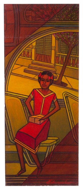Larry Edwardson "On the Bus" Oil on Board: Larry Edwardson "On the Bus" oil on board depicting a young woman riding a bus; signed to bottom right corner "Edwardson"; titled to back "On the Bus" and signed "Larry Edwardson 47 Fifth Ave. N.Y.C."