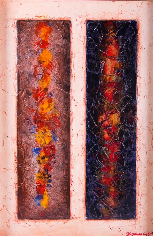 Kiu Kavousi Abstract Mixed Media "Allegro No.2": Kiu Kavousi abstract mixed media "Allegro No.2" in hand-carved frame; depicts two raised panels painted to center in predominately primary colors, against a brownish purple background to left panel, a