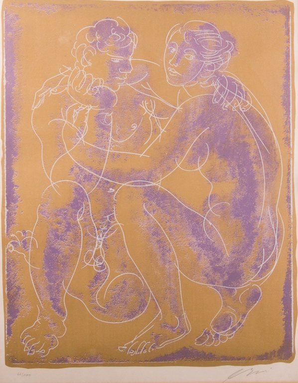 Hans Erni "Couple Discutant" Signed Lithograph: Hans Erni "Couple Discutant" lithograph; modernist depiction of nude man and woman; pencil signed to bottom right corner and numbered "66/100" to bottom left corner; matted and framed under glass; mea