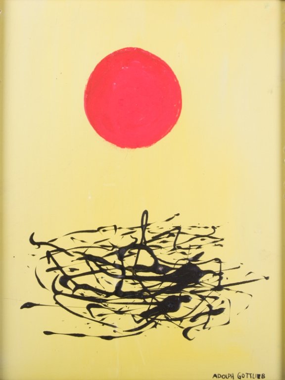 Adolph Gottlieb Acrylic on Board "Composition": Adolph Gottlieb (American, 1903-1974) abstract acrylic on board with vibrant colors; labeled verso "Le Chat Noir 1881 Art Gallery"; signed to lower right "Adolph Gottlieb"; measures approximately 18-1
