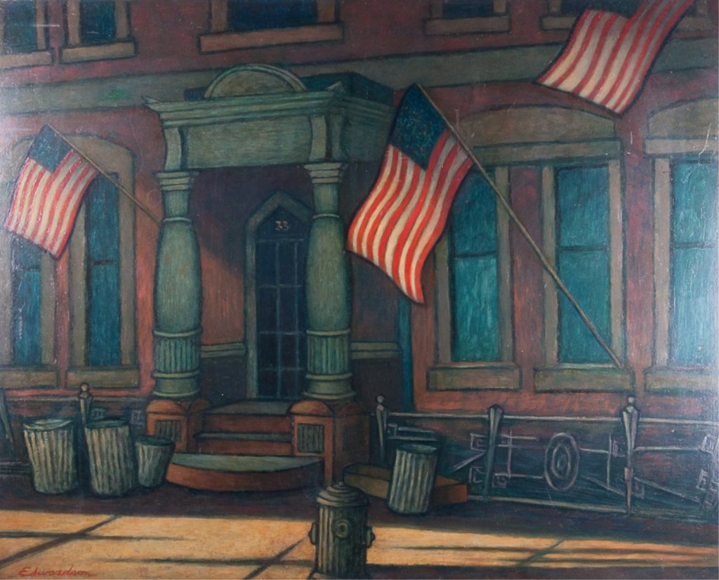 Larry Edwardson "Flag Day" Oil on Board: Larry Edwardson oil on board "Flag Day"; depicting a New York City apartment (number 33) at West 18th Street in lovely shades of blue, teal, and brown providing a nice backdrop for the bold reds and w