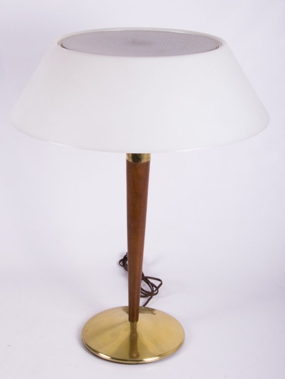 Lightolier Brass & Wood Mid-Century Lamp: Lightolier mid-century brass and wood lamp with tapered body; signed to inside of shade "Lightolier 8619-WM"; measures approximately 23" tall and 8" in diameter to base; appears to be in Good working