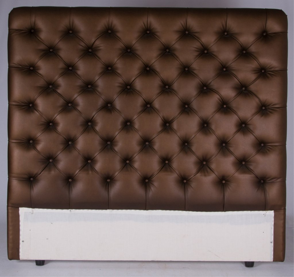 Tufted Leather Headboard, Metallic Brown: Tufted leather headboard in metallic brown; measures approximately 62" tall, 65" wide, and 4" deep; in Very Good condition.