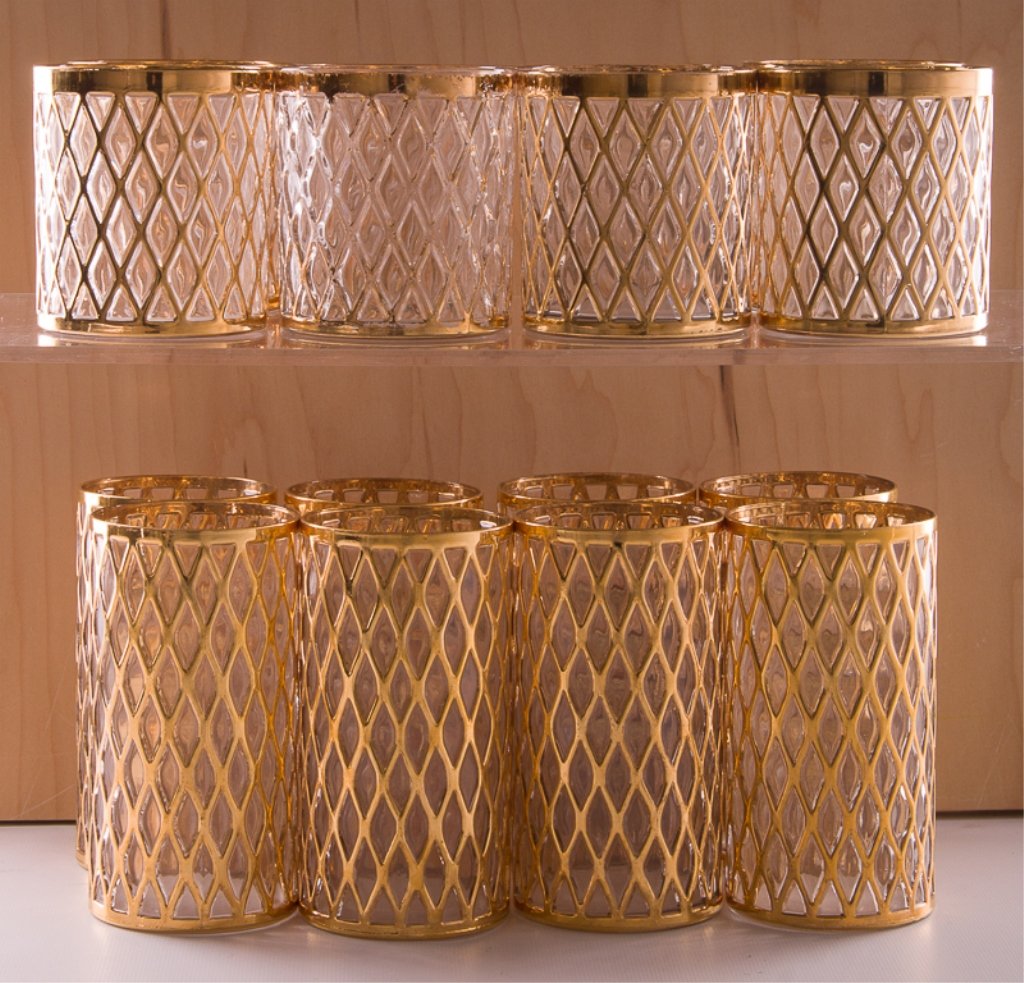 Imperial Gilded Diamond Tumblers, Sixteen (16): Set of sixteen Imperial Glass Company gilded diamond pattern tumblers (eight tall and eight short); circa 1970s; all feature the Imperial Glass Company logo to bottom; short tumblers measure approxima
