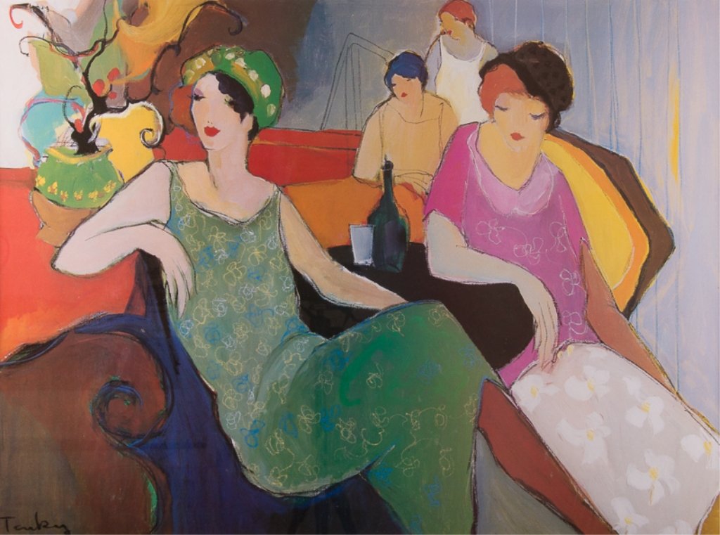 Itzchak Tarkay "In the Lounge" Framed Print: Itzchak Tarkay "In the Lounge" framed print; signed in plate to lower left; measures approximately 32-1/4" x 40-1/4" with gilded frame and has a sight image of approximately 23" x 31"; in Good conditi