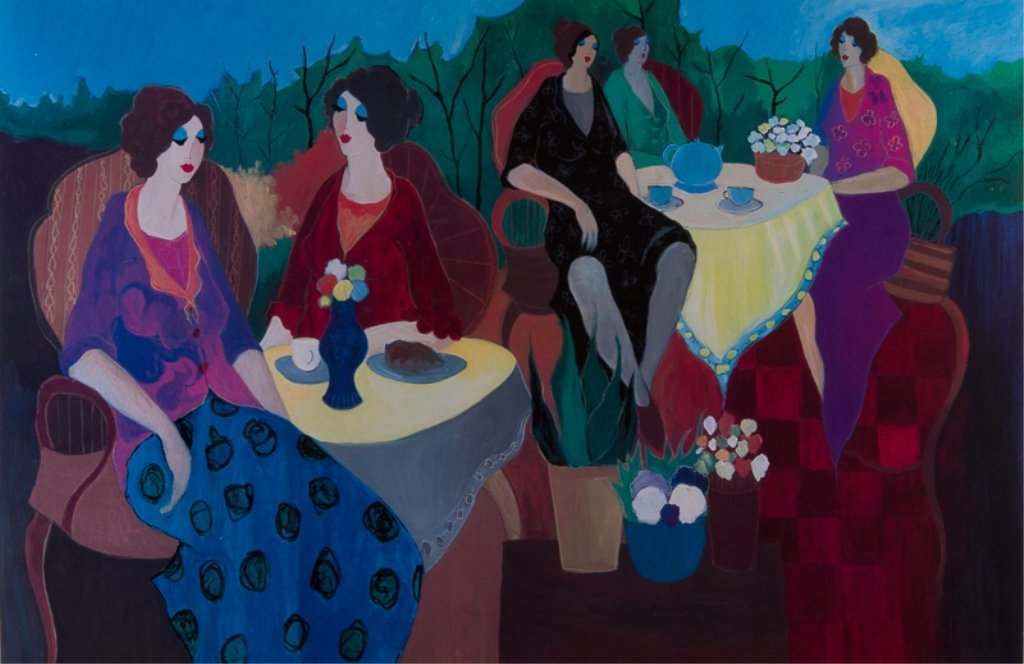 Itzchak Tarkay Seriolithograph "Morning Social": Itzchak Tarkay seriolithograph "Morning Social"; signed in plate to bottom right corner; includes Certificate of Authenticity and an appraisal document; double matted and framed under glass; measures 