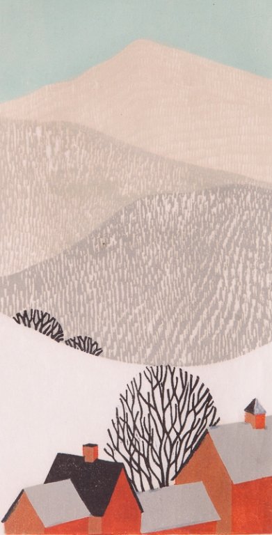 Sabra Field Woodblock "Hill Farm, Winter": Sabra Field (American, b.1935) woodblock "Hill Farm, Winter"; signed to bottom right corner and titled to bottom left corner; artist info attached to back; measures approximately 15-3/4" x 11-1/4" wit